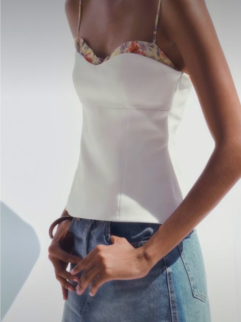 Zara Cream Cami with Floral-Trim Sweetheart Neckline